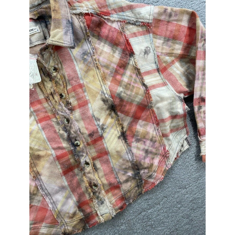 Free People Forever Plaid Shirt Boxy Raw Hem Distressed Button Down Shirt Large - Picture 5 of 11